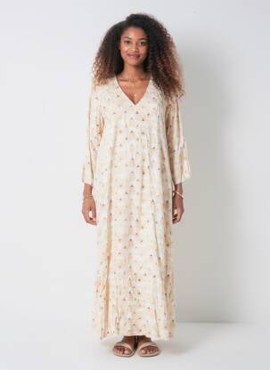 Robe longue imprimé fantaisie manches 3/4 orange MODETROTTER femme