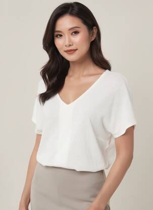 T-shirt col v manches courtes beige GEVANA femme
