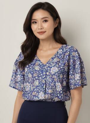 Blouse imprimé fleurs manches 3/4 bleu GEVANA femme