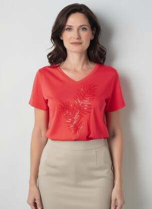 T-shirt col v manches courtes rouge GEVANA femme
