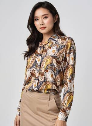 Chemisier imprimé fantaisie manches longues marron GEVANA femme