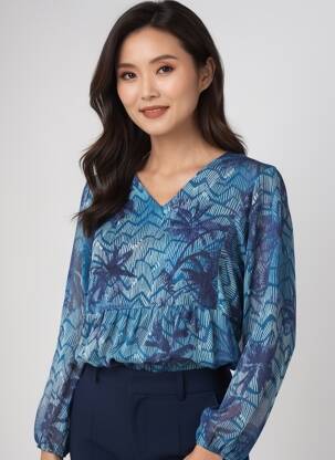 Blouse imprimé fantaisie manches longues bleu GEVANA femme