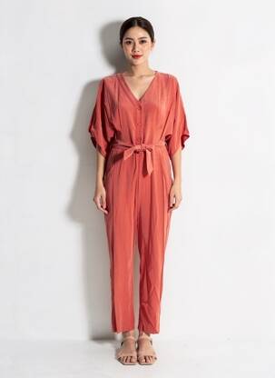 Combi-pantalon fermeture boutonnée sur le devant manches 3/4 orange DIVILUNE femme