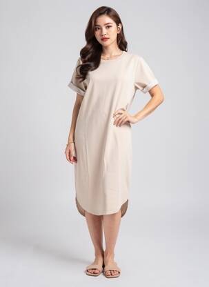 Robe mi-longue manches courtes manches courtes beige JACQUELINE DE YONG femme