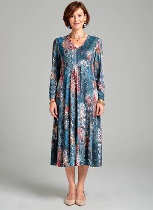 Robe mi-longue imprimé fantaisie manches longues bleu GEVANA femme