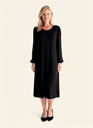 Robe mi-longue manches longues manches longues noir GEVANA femme