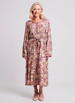 Robe mi-longue imprimé fleurs manches longues beige GEVANA femme