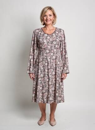 Robe mi-longue imprimé fleurs manches longues rouge GEVANA femme
