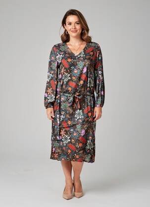 Robe mi-longue imprimé fleurs manches longues noir GEVANA femme