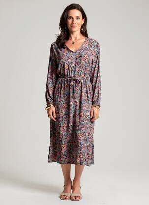 Robe mi-longue imprimé fleurs manches longues noir GEVANA femme