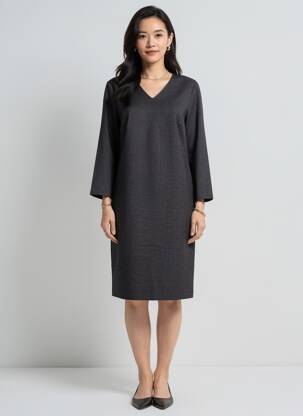 Robe mi-longue imprimé fantaisie manches longues noir GEVANA femme