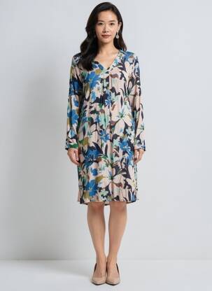 Robe mi-longue imprimé fleurs manches longues bleu GEVANA femme