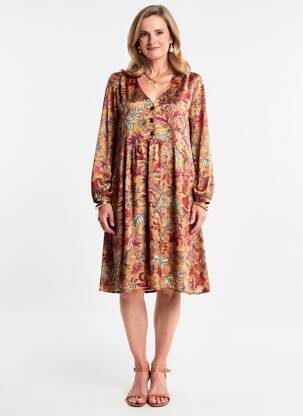 Robe mi-longue imprimé fleurs manches longues jaune GEVANA femme