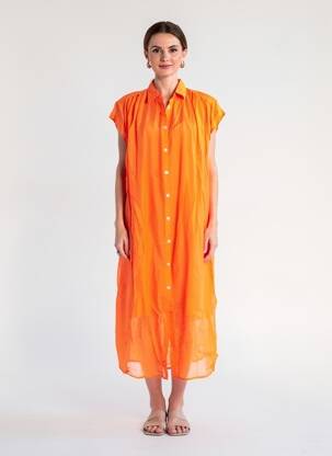 Robe mi-longue coupe fluide manches courtes orange HOD femme