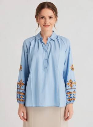 Blouse tissage popeline manches longues bleu HOD femme