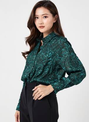 Chemisier imprimé fantaisie manches longues vert MODETROTTER femme