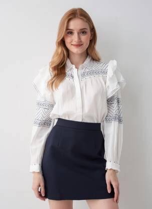Chemisier tissage popeline manches longues blanc BERENICE femme