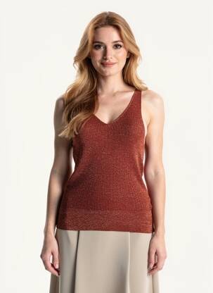 Pull col v sans manche marron HOD femme