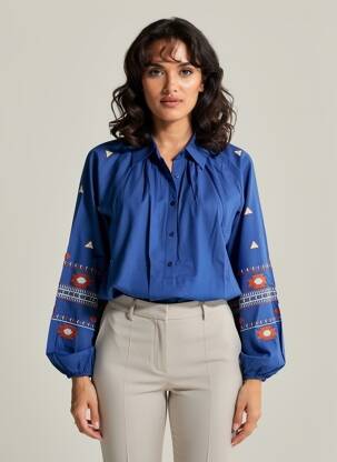 Blouse tissage popeline manches longues bleu HOD femme