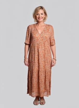 Robe longue imprimé fantaisie manches courtes marron GEVANA femme