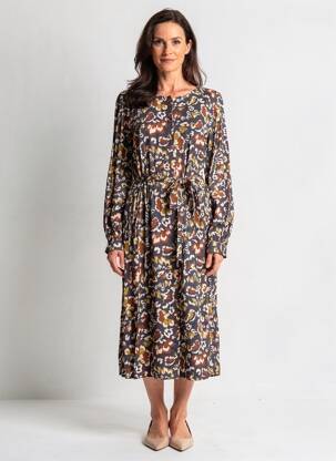 Robe mi-longue imprimé fantaisie manches longues noir GEVANA femme