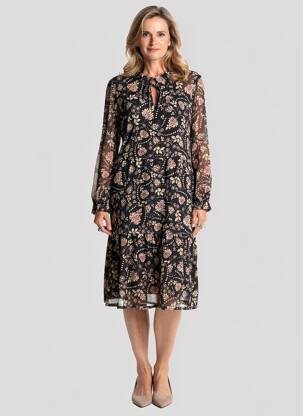 Robe mi-longue imprimé fantaisie manches longues noir GEVANA femme