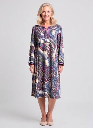 Robe mi-longue imprimé fantaisie manches longues bleu GEVANA femme