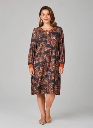 Robe mi-longue imprimé fantaisie manches longues orange GEVANA femme