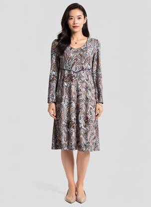 Robe mi-longue imprimé fantaisie manches longues bleu GEVANA femme