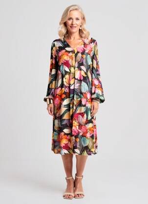 Robe mi-longue imprimé fantaisie manches longues orange GEVANA femme