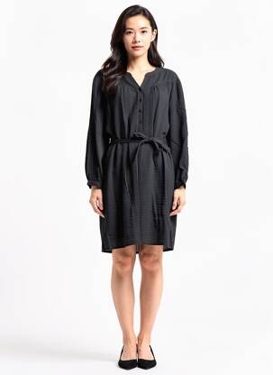 Robe mi-longue tissage crêpe manches longues noir GEVANA femme