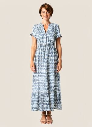 Robe longue tissage popeline manches courtes bleu GEVANA femme