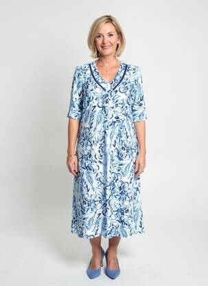 Robe mi-longue imprimé fantaisie manches courtes bleu GEVANA femme