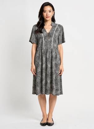 Robe mi-longue imprimé fantaisie manches courtes noir GEVANA femme