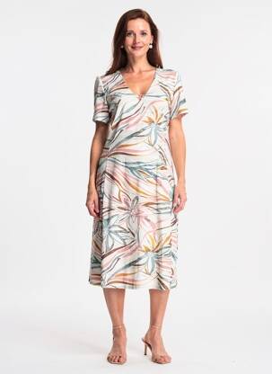 Robe mi-longue tissage crêpe manches courtes beige GEVANA femme