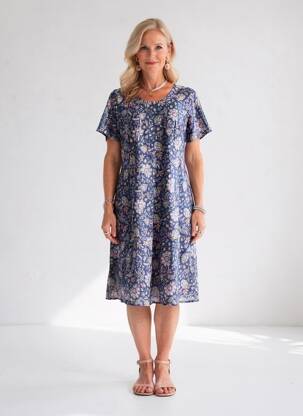 Robe mi-longue imprimé fleurs manches courtes bleu GEVANA femme