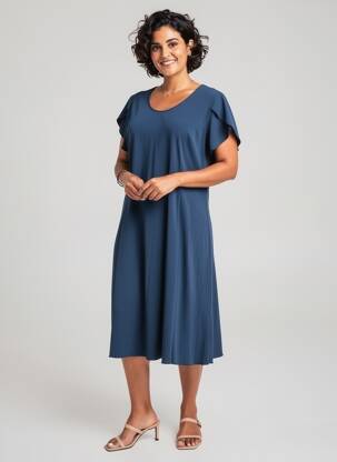 Robe mi-longue fermeture zippée au dos manches courtes bleu GEVANA femme