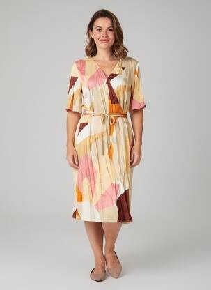Robe mi-longue imprimé fantaisie manches courtes beige GEVANA femme