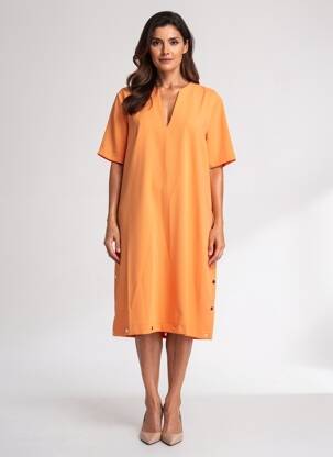 Robe mi-longue tissage crêpe manches courtes orange EVA KAYAN femme
