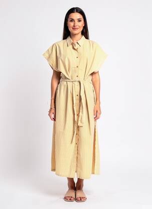 Robe longue manches courtes manches courtes jaune ELLE EST OU LA MER femme