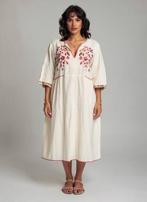 Robe mi-longue manches 3/4 manches 3/4 beige MD'M femme