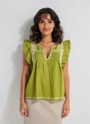 Blouse tissage popeline manches courtes vert MD'M femme