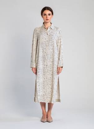 Robe mi-longue coupe fluide manches longues beige YERSE femme