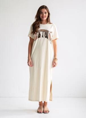 Robe longue manches courtes manches courtes beige NEWTONE femme