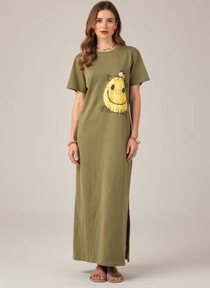 Robe longue manches courtes manches courtes vert NEWTONE femme