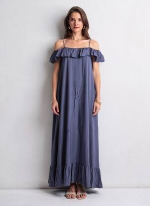 Robe longue coupe évasée fines bretelles bleu ESSENTIEL ANTWERP femme