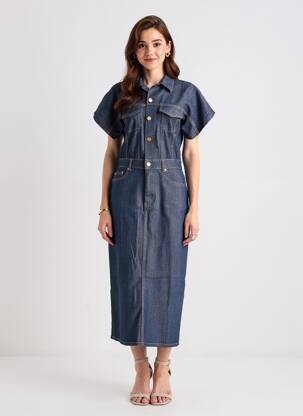 Robe longue manches courtes manches courtes bleu GANNI femme