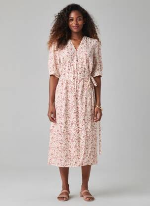 Robe mi-longue imprimé fleurs manches courtes rouge ROUJE femme