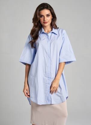 Chemisier coupe droite manches courtes bleu ANDREA LEV femme
