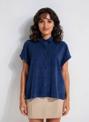 Chemisier coupe droite manches courtes bleu MAJESTIC FILATURES femme